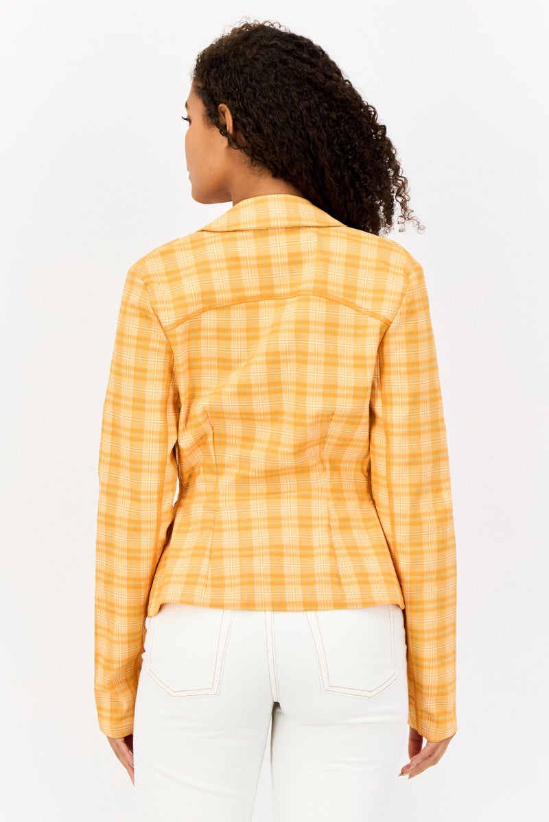 Collusion Women Regular Fit Checkered Semi-Formal Blazer, Orange - Image 2